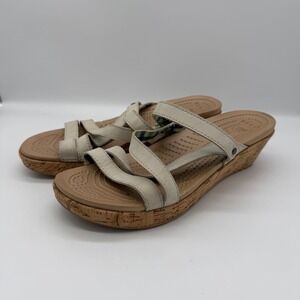 Crocs A-Leigh Wedge Sandals Womens 10 Cream Leather Strappy Cork Heel Slides
